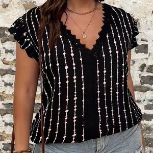 SHEIN Ruffle Sleeve Detail Shirt Black & Pink Striped